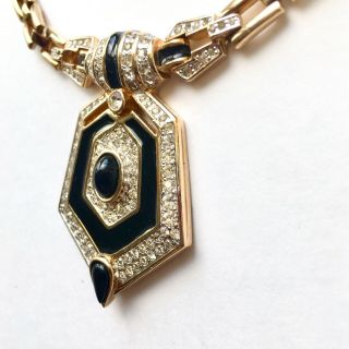 Vintage PANETTA Black Enamel And Rhinestone Art Deco Style Chain Necklace 3