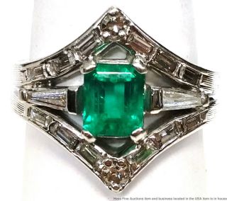 14k White Gold Natural Emerald Fine Diamond Vintage Art Deco Ring Size 6.  75