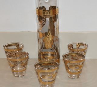 Vintage Fred Press 22k Gold Cocktail Set With Shaker & Five Glasses Mid Century