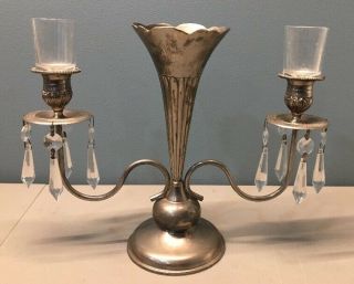 Vintage Silver - Plate Candelabra Trumpet Vase Cancel Sticks Centerpiece Crystals