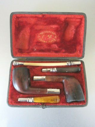 Antique Cased Two Tobacco Pipes With Silver Stems Charles Maas 1893