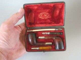ANTIQUE CASED TWO TOBACCO PIPES WITH SILVER STEMS CHARLES MAAS 1893 7