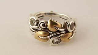 Barbara Bixby 18k Yellow Gold Sterling Silver Ring Size 7 Gift Box Leaves Cz