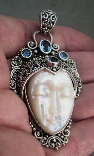 Vintage Sarda Carved Mother Of Pearl Goddess Face & Blue Topaz Sterling Pendant