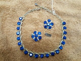 Vintage Crown Trifari Blue Rhinestone Necklace & Earrings - Stunning Piece