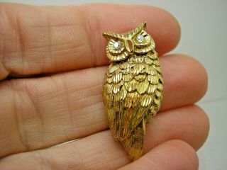 Vintage 9ct Gold Owl Brooch Pin Real Diamond Eyes
