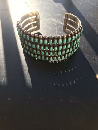 Vintage Native American Zuni Turquoise Sterling Silver Cluster Cuff Bracelet