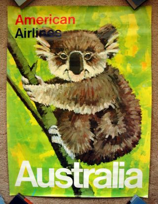 Vintage 1970s Australia American Airlines Travel Poster Train Air Art