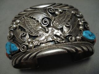 One Of The Best Vintage Navajo Turquoise Coral Sterling Silver Leaf Bracelet