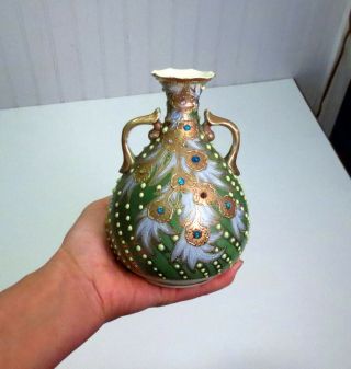 Antique Nippon Era Jeweled Gold Gilt Decorated Japanese Moriage Pottery Vase