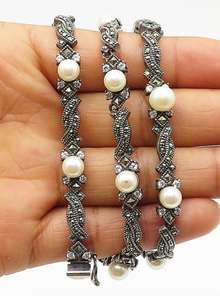 Judith Jack 925 Silver - Vintage Pearl & Marcasite Twist Chain Necklace - N2268