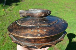 Vintage Northwest Coast Wood Grease Bowl With Carved Fish On Top