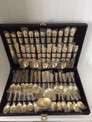 Wm Rogers & Sons Gold Plated Flatware Enchanted Rose Serving Set 52 Piece