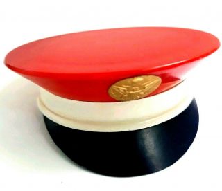 Vintage Henriette Figural Military Hat Powder Compact Red White Blue Celluloid.