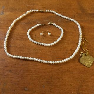 Vintage 14k Yellow Gold & Cultured Pearl Necklace Bracelet & Earrings Set