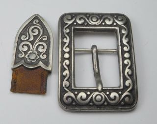 Vintage Mexico Ornate Sterling Silver Belt Buckle And Tip