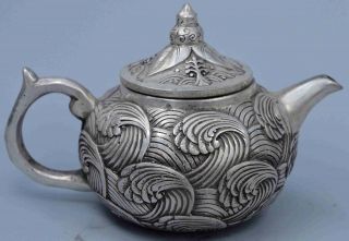 Ancient Collectable Miao Silver Carve Dragon Totem & Flower Rattan Noble Tea Pot