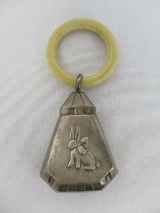 Antique Denmark Sterling Silver Baby Rattle Teether W Bunny Rabbit 3 1/2 "