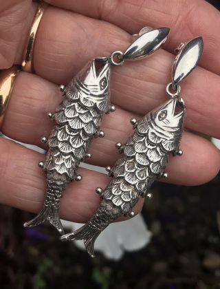 Rare Unusual Vintage Novelty Sterling Silver Articulated Fish Earrings