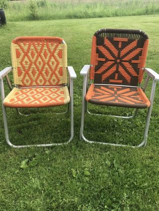 2 Vtg Aluminum Macrame Folding Lawn Chair Set Brown Orange/ Yellow Orange
