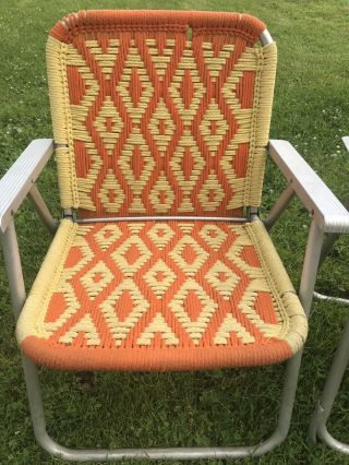 2 Vtg Aluminum Macrame Folding Lawn Chair Set Brown Orange/ Yellow Orange 2