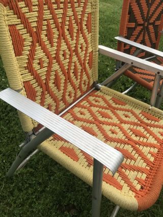 2 Vtg Aluminum Macrame Folding Lawn Chair Set Brown Orange/ Yellow Orange 5