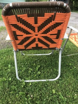 2 Vtg Aluminum Macrame Folding Lawn Chair Set Brown Orange/ Yellow Orange 8