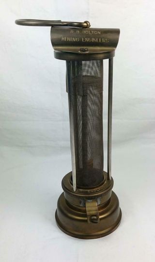 VINTAGE BRASS DAVY GAUZE MINERS LAMP R B BOLTON MINING ENGINEERS CONSETT 1970 ' S 5