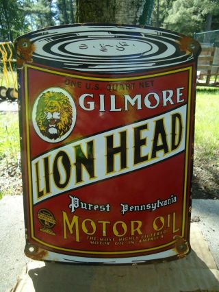 Vintage Gilmore Lion Head Motor Oil Can Porcelain Gas Pump Sign