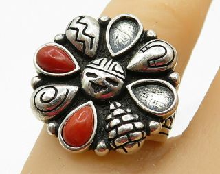 Carol Felley 925 Sterling Silver - Vintage Red Coral Sun Face Ring Sz 7 - R4541