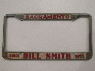 Vintage Sacramento Bill Smith Buick Opel Dealership License Plate Frame Metal Ca