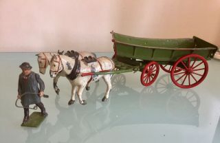Vintage Britains Lead Farm Wagon Or Cart With Two Horses And Carter With Whip