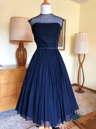 50s Mollie Parnis Silk Chiffon Navy Dress Designer Couture 1950s Vintage Gown