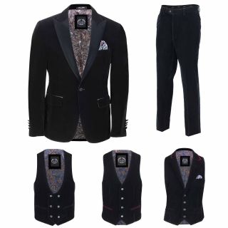 Mens Black Velvet Tux Dinner Jacket Vintage 3 Piece Suit - Item Separately