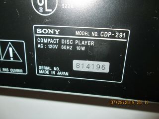 SONY Vintage CD Player Compact Disc CDP - 291 Japan 1990 &Works Good 7