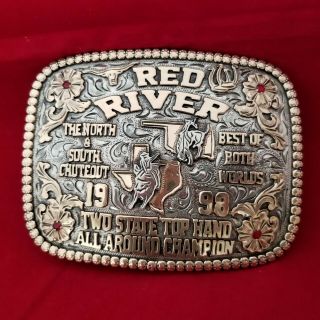 Vintage Rodeo Buckle 1998 Red River Bronc Bull Riding Hand Engraved Signed749
