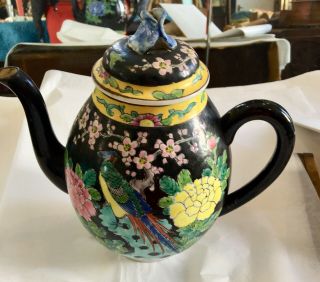 Chinese Vintage Small Tea Pot Painted With Flowers,  Birds,  Script