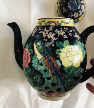 Chinese Vintage Small Tea Pot Painted With Flowers,  birds,  Script 2