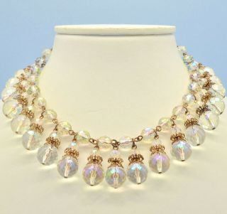Vintage Necklace 1950s Faceted Crystal Fringe Drops Goldtone Bridal Jewellery
