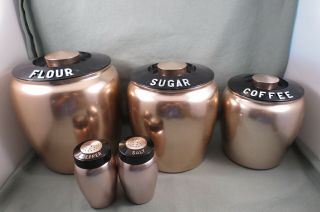 Vintage Kromex Spun Aluminum Copper Nesting Canister Set,  Flour,  Sugar,  Salt,  Pepper