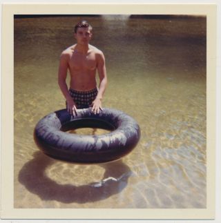 Yummy Shirtless Physique Swimsuit Guy At River Vtg Color Summer Fun Photo Gay It