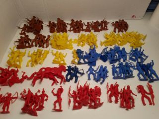 128 Vintage Mpc Cowboys Indians Plastic Figures Blue Red Yellow Toy 2 Inches