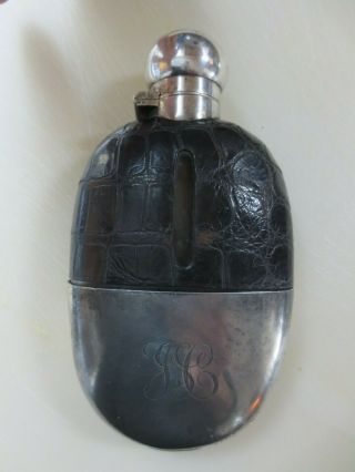 Antique Silver Plated Hip Flask With Alligator