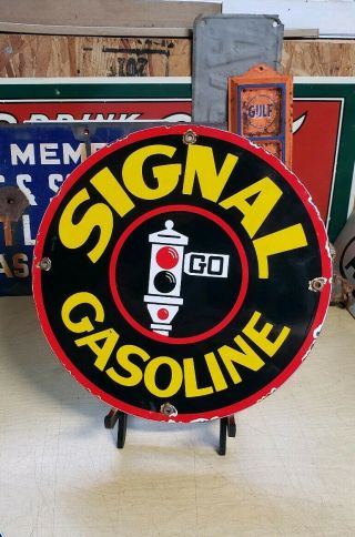 Signal Gasoline Porcelain Sign Motor Oils Gas Vintage Pump Plate Whistle Oil