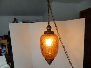 Vintage Mid Century Swag Lamp,  Amber Gold Optic Glass Globe Ceiling Light