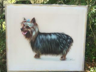 Rare Vintage Painting On Muslin Fabric Yorkshire Terrier Dog Art Cute Expression