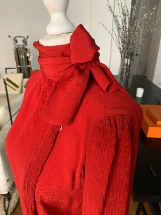 Saint Laurent vintage,  silk crepe,  red scarf blouse,  size FR44 10