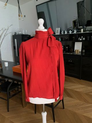 Saint Laurent Vintage,  Silk Crepe,  Red Scarf Blouse,  Size Fr44