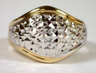 Vtg Signed 5g Solid 14k Yellow & White Gold Cut Etched Domed Band Ring Sz 6.  5