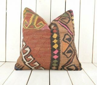 One - Of - A - Kind Handmade Vintage Boho Geometric Colorful Kilim Throw Pillow 16x16